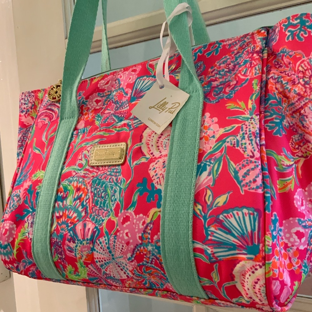 Lilly Pulitzer Coral Floral Tote with Mint Straps - Picture 2 of 2